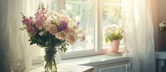 Poster - Provence inspired interior with sunlight illuminating vibrant floral arrangements in a vase by the window showcasing vintage decor elements
