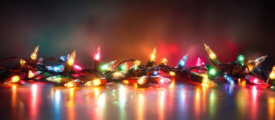 Poster - Colorful Christmas lights shining on a reflective surface creating a festive holiday atmosphere for joyful celebrations and decorations.