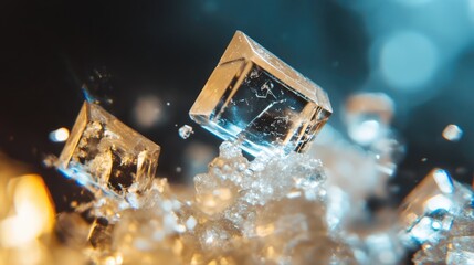 Poster - Calcium carbonate crystals sparkling in a luminous mineral formation with a blurred backdrop of shimmering light