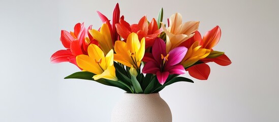 Poster - Ceramic vase filled with colorful lilies on a clean white background perfect for floral arrangements and modern home decoration