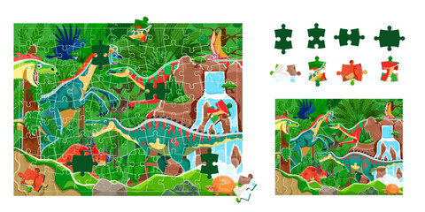 Aufkleber - Prehistoric dinosaurs jigsaw puzzle game pieces. Cartoon vector educational worksheet engage preschool children to find matching shapes with dino animal species in tropical jungle forest landscape