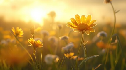 Poster - Field marigold blooms in golden sunlight creating a serene and vibrant natural landscape with soft focus on surrounding flowers.