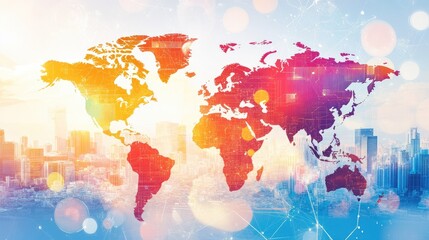 Poster - Vibrant Abstract World Map with Urban City Background and Light Effects