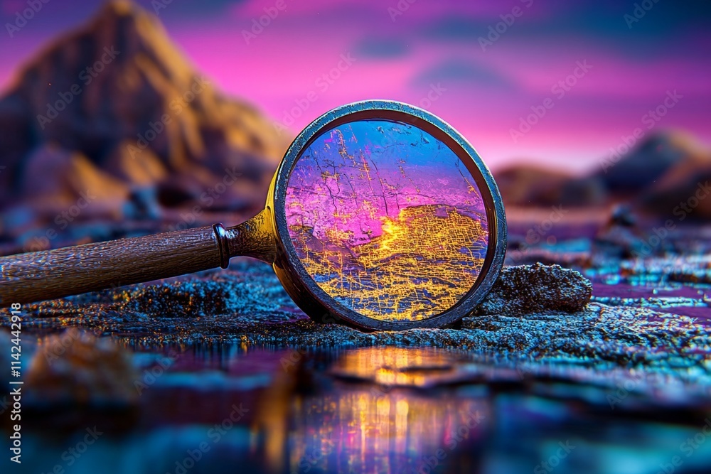 A vibrant 3D illustration of a magnifying glass over a map, with vivid ...