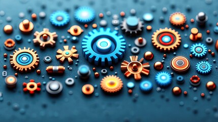 Poster - Colorful Gears and Cogs with Metallic Texture on Dark Background