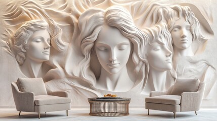 Wall Mural - Elegant 3D wall art of serene female faces in a modern living room.