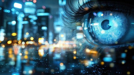 Poster - Close-up of Human Eye with Digital Cityscape and Glowing Lights