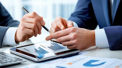 Poster - Professional Business Team Analyzing Financial Data and Charts on Digital Tablet