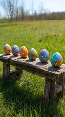 Aufkleber - Hand-painted easter eggs arranged on a weathered wooden bench, celebrating spring and new beginnings in a vibrant outdoor setting