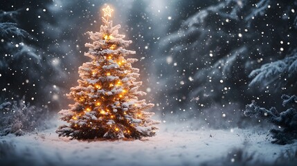 Aufkleber - A front view of a Christmas tree glowing with cheerful patterns, surrounded by pure white snow glistening in the light