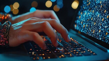 Poster - Hands Typing on Illuminated Keyboard Against Blurred Bokeh Backdrop