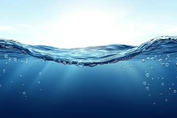 Blue water wave and bubbles isolated on white background