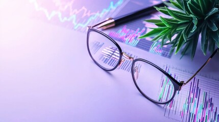 Poster - Workspace with Laptop Glasses and Market Data Displayed
