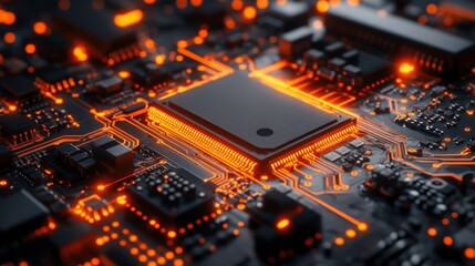 Poster - Close-Up View of a High-Tech Circuit Board with Glowing Orange Highlights on Microchips and Traces, Showcasing Advanced Digital Technology and Innovation
