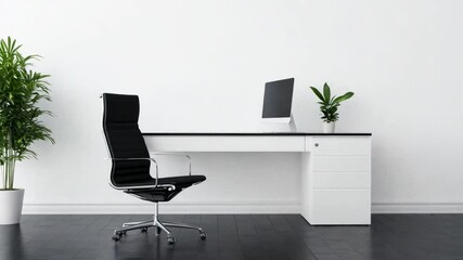 Poster - Modern workspace with sleek desk and chair featuring plants for a refreshing touch