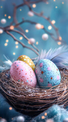 Aufkleber - Colorful easter eggs nestled in a cozy nest, adorned with feathers and bokeh lights, evoke the warmth and joy of spring celebrations