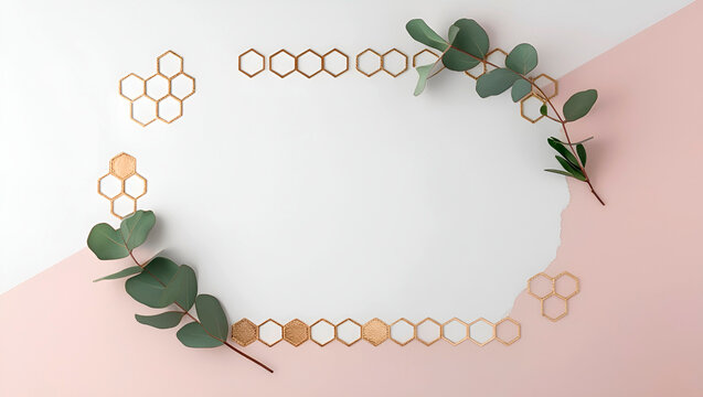 Golden honeycomb frames on a black linen background with eucalyptus branches.