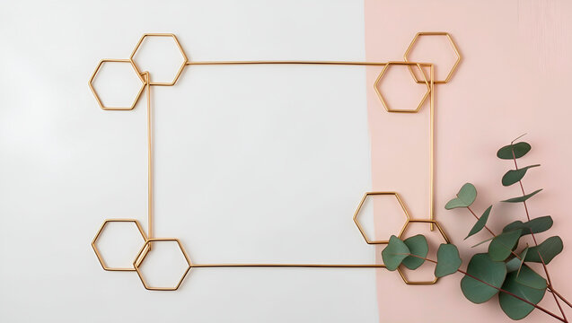 Golden honeycomb frames on a black linen background with eucalyptus branches.