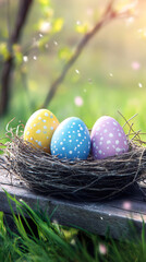 Aufkleber - Colorful easter eggs nestled in a bird's nest evoke the spirit of spring and new beginnings in a serene garden setting