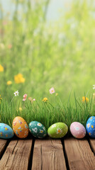 Poster - Painted easter eggs are lying on wooden planks in front of green grass and flowers, celebrating the arrival of spring and easter festivities