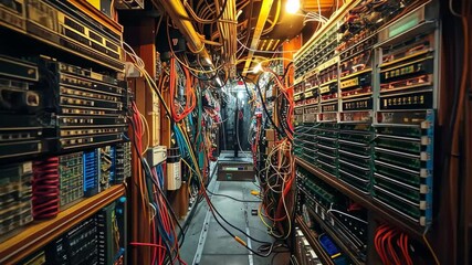 Poster - Wires and machinery fill a cramped walkway, illuminated by soft overhead lights, showcasing the intricate setup of a data center in the evening.