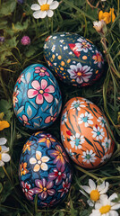 Aufkleber - Hand-painted easter eggs adorned with floral patterns resting in spring grass, marking the festive season of easter