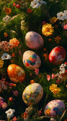 Aufkleber - Floral-patterned easter eggs nestled among colorful flowers on lush grass, in celebration of the holiday