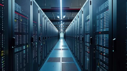 Poster - The interior of a contemporary data center showcases neatly aligned server racks with glowing lights. The space is designed for efficient data management and storage.