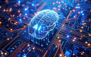Poster - A digital brain glowing above an electronic circuit board, symbolizing artificial intelligence and machine learning technology, with a futuristic high-tech design concept