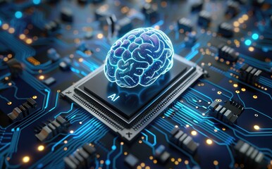 Poster - Artificial intelligence concept featuring an AI brain on a microprocessor chip against a circuit board background. Perfect for digital technology designs, web illustrations