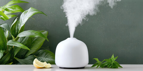 Wall Mural - A sleek white diffuser emits steam beside fresh herbs and a lemon slice, enhancing a tranquil atmosphere.