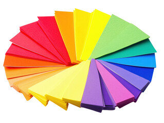 Poster - A vibrant arrangement of colored paper triangles in a circular formation, showcasing a spectrum of bright hues on white background , cut out.	