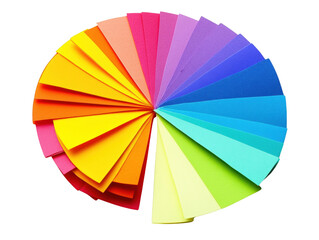 Poster - A vibrant arrangement of colored paper sheets arranged in a circular fan shape, showcasing a spectrum of bright hues on white background , cut out.	