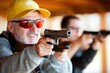 © LifeMedia - An elderly man in a yellow cap and sunglasses is practicing shooting at a targeting range using a handgun, with others practicing in the background.