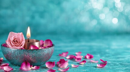 Poster - Serene Spa Like Moment with Floating Candle and Rose Petals Reflecting in Calm Water