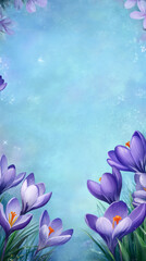 Poster - Gorgeous purple crocuses form a delicate border against a textured light blue background, capturing the essence of easter