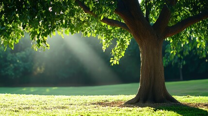 Canvas Print - Serene Sylvan Landscape with Lush Green Tree Canopy and Dappled Sunlight in a Peaceful Park or Garden Setting