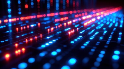 Fototapete - Abstract Digital Data Flow with Bright Red and Blue Lights on a Dark Background, Representing Modern Technology, Networking Concepts, and Futuristic Visualization