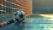 © MINHO - A soccer ball rests against the net on a wet field, bathed in the warm glow of the setting sun. The stadium backdrop hints at the excitement of the game.
