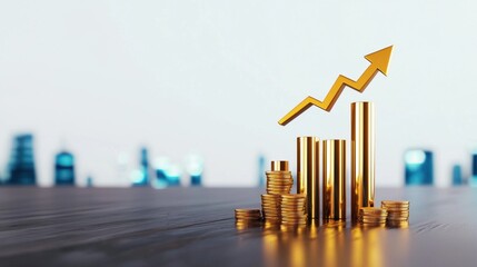 Poster - upward financial growth and success concept with golden coins bar chart and arrow