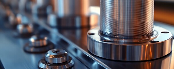 Poster - Industrial polished metal part with control knobs: manufacturing process detail