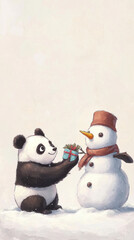 Wall Mural - panda giving gift to snowman in snowy landscape, showcasing friendship and joy