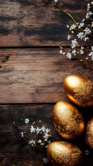 Aufkleber - Festive and elegant golden easter eggs with glitter and white flowers placed on a rustic wooden table for a decorative display