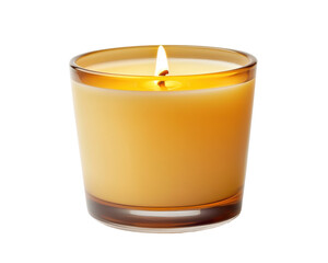 A glowing candle in a glass holder, offering warm light for relaxation.