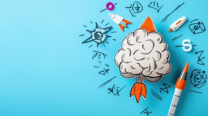 Poster - creative mindmap with colorful brainstorming elements on blue background