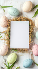 Poster - Easter eggs and blank card in a nest on white wooden background with space for greetings