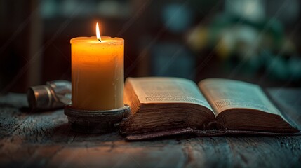 Poster - Burning candle illuminating open book on wooden table