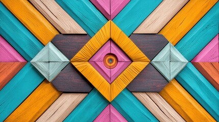 Poster - Vibrant Geometric Wooden Mosaic Abstract Background with Intersecting Triangles and Squares