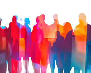 Silhouetted crowd with colorful overlays, vibrant and abstract representation.