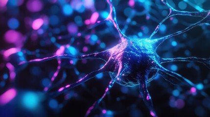 Poster - Colorful Neuron with Glowing Connections in Abstract Background